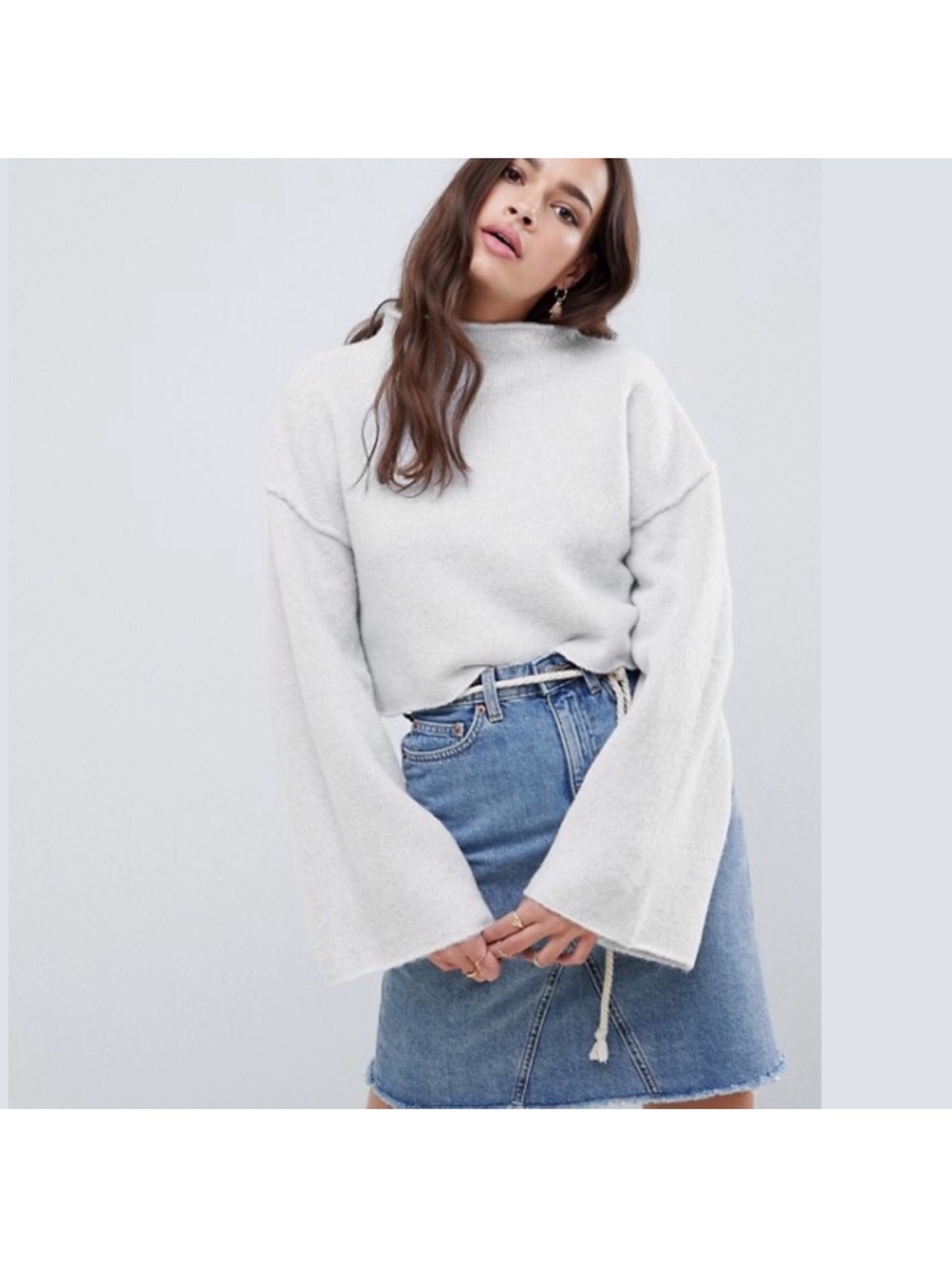 Free People Lost In A Forest Grey Cropped Mock Neck Sweater Small